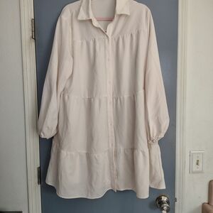 Cream Button-Up Long Sleeve Dress